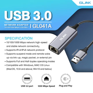 GLINK GL041 USB3.0/Type-C TO Lan Gigabit RJ-45 แปลง USB และ Type-C เป็น Lan 10/100/1000Mbps