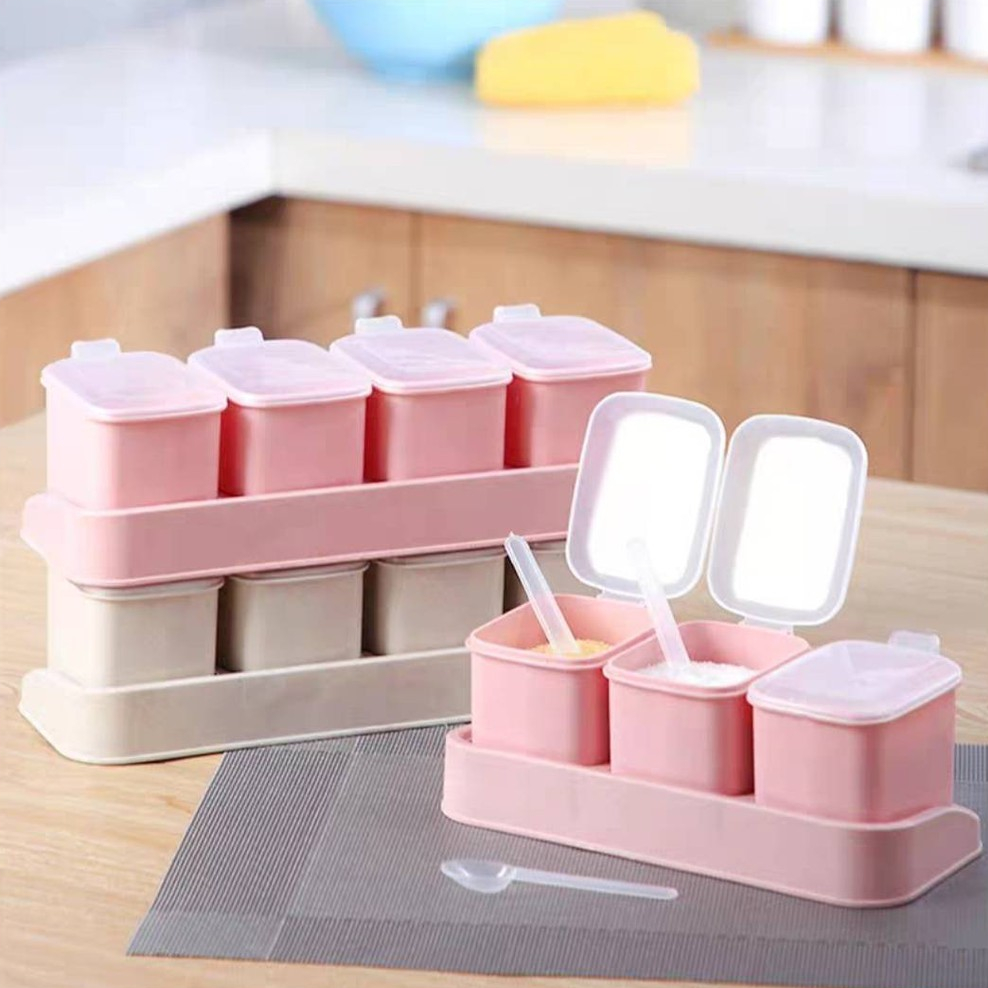 ที่ใส่เครื่องปรุง 3,4 ช่อง ฟางข้าวสาลี เป็นมิตรต่อธรรมชาติ แถมฟรี ช้อนตัก#C089