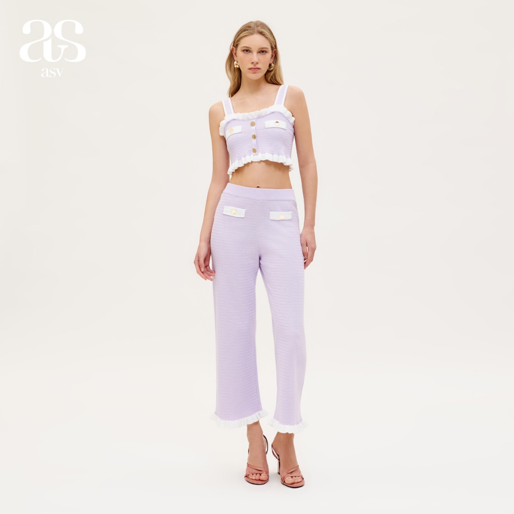 [asv ss24] Valerie Knitted Pants กางเกงผู้หญิง ทรงตรง แต่งกระเป๋าหน้า ตกแต่งโครเชต์ แต่งกระดุมทอง เอวยางยืด ผ้านิตทอลาย
