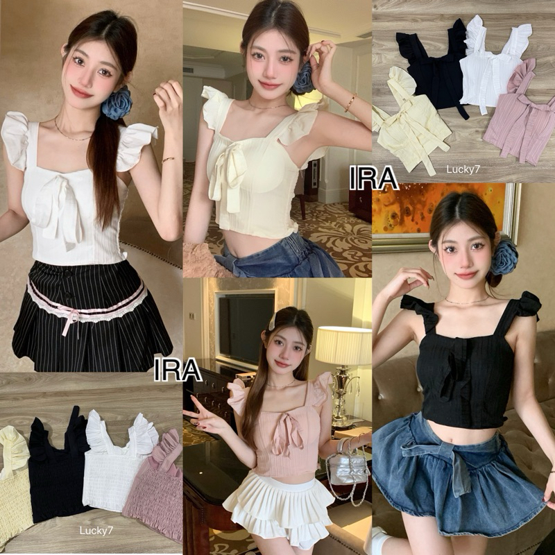 BY IRA Angel Ribbon Top เสื้อสายเดี่ยว ผ้าฟลีซ ประดับโบว์ สไตล์ฝรั่งเศส แฟชั่นฤดูร้อน สําหรับผู้หญิง