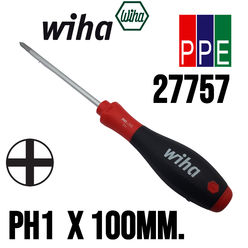 311SF [Wiha] 27757 ไขควงปากแฉก PH1 แกนยาว 100mm. Wiha 311 SoftFinish Phillip Screwdriver PH1x100mm.
