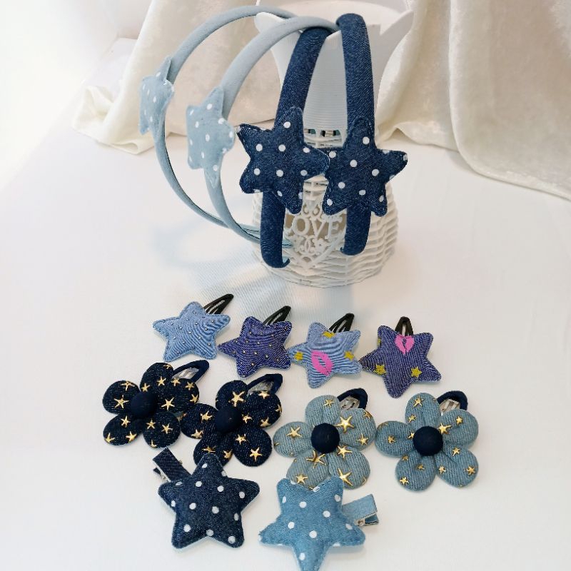 กิ๊บติดผมผ้ายีนส์สีเข้มสีอ่อน กิ๊บเป๊าะแป๊ะ กิ๊บดอกไม้ ยีนส์ประดับผมน่ารักสไตล์ลายดอท