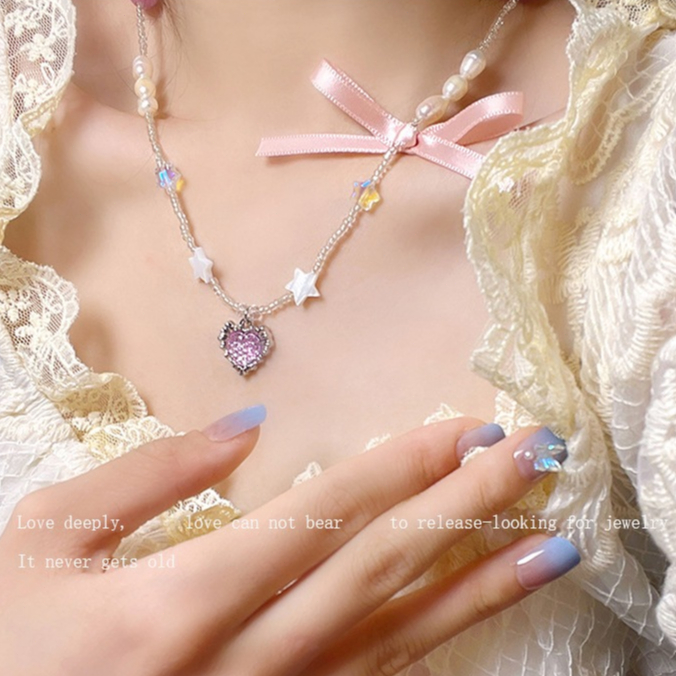 COD-ในไทย💖สร้อยคอ จี้รูปหัวใจ ประดับลูกปัด รูปดาวประดับโบว์ y2kสไตล์เกาหลี นักเรียนสำหรับผู้หญิง เหม