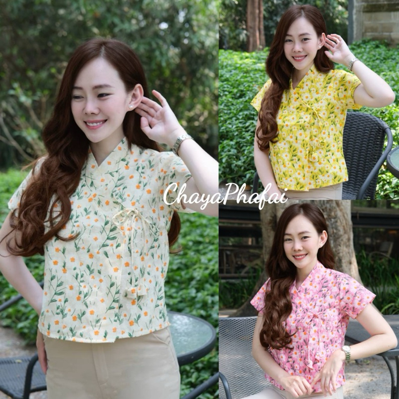 เสื้อผ้าฝ้ายพิมพ์ลายป้ายเจ้านางเเขนสั้น