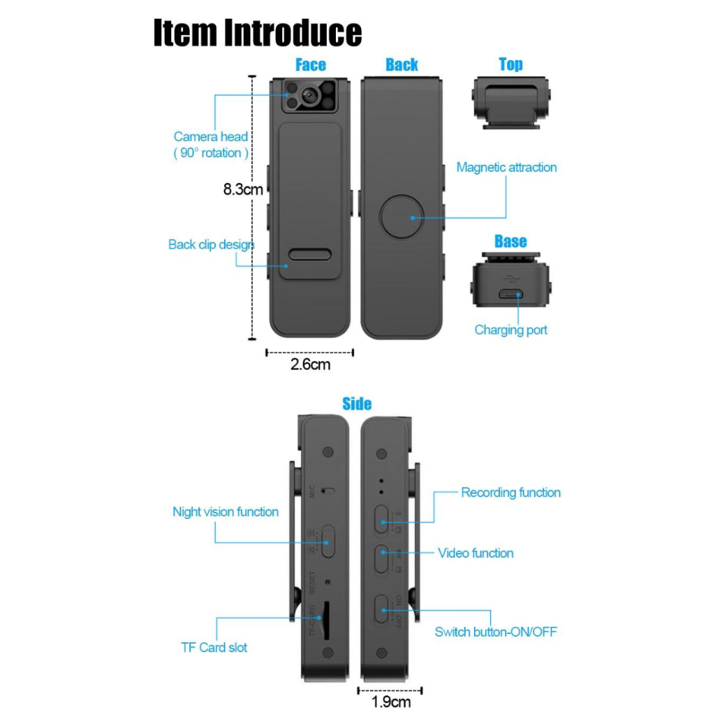 กล้องบันทึกวิดีโอ กล้องติดหน้าอก ติดตัวตำรวจ Body Sport Action Camere HD 1080P Night Vision เลนส์หมุน 90° บันทึกเสียง