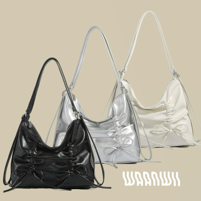 🎀Bowies  Bags🎀 กระเป๋าหนัง PU ใบใหญ่ จุของได้เยอะสะพายได้หลายแบบมีโบว์รูดตกแต่ง
