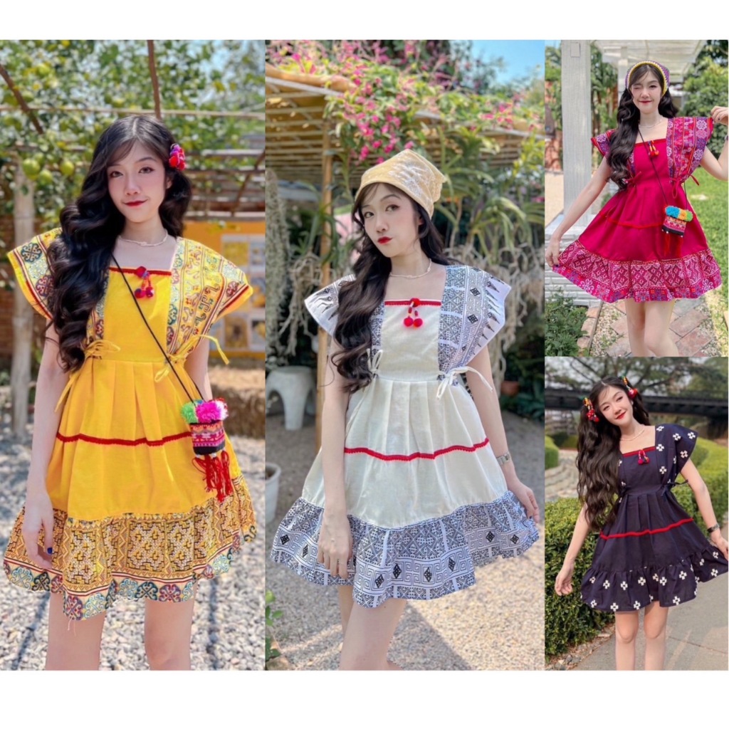 ชุดดอยเดรสสั้นระบายสีสดใส ใส่สบายๆ/สินค้ามีพร้อมส่ง