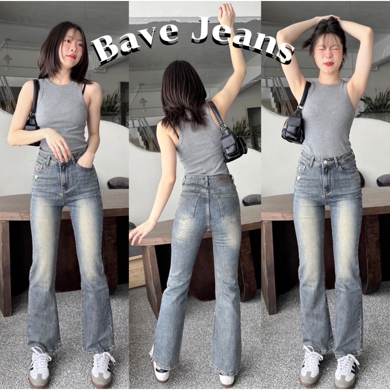 Bave Jeans 3786 กางเกงยีนส์เอวสูง ดีเทลขาม้า สีเฟดอ่อน