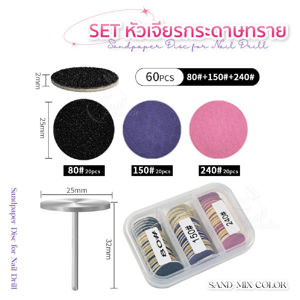 พร้อมส่ง SET 60ชิ้น แถมหัวเจียร คละความหยาบ #80 #150 #180 หัวเจียรสำหรับทำเล็บ ลดความยาว ตะไบส้นเท้าแตก เจียรอะคริลิค