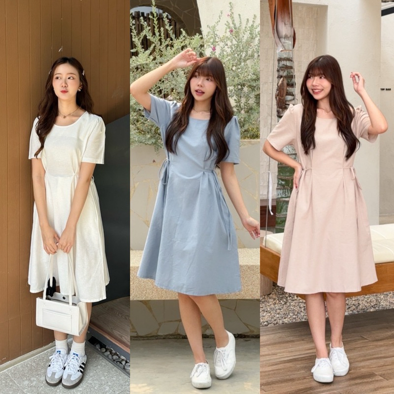 Teera❤️พร้อมส่ง✨🍦เดรสคอกลมผ้าลินินผสมฝ้าย ดีเทลผูกข้างน่ารักมากกก nanny