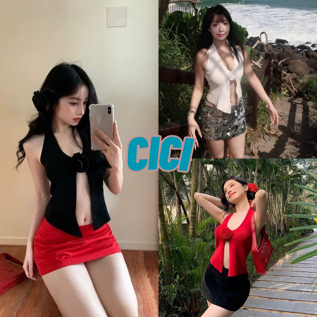 ส่งทันที Cici(NO. 24046-1)เสื้อคล้องคอไหมพรม ดีเทลเว้าหน้า แซ่บเบอร์10 สไตล์สาวฮาวายสุดๆ