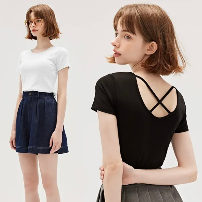 PX เสื้อครอปโชว์หลัง เสื้อผู้หญิงแขนสั้น ลำลอง คอกลม ไขว้หลังเซ็กซี่เบา ๆ เสื้อลองลอง ผ้าฝ้าย กระชับพอดี สีดำ สีขาว