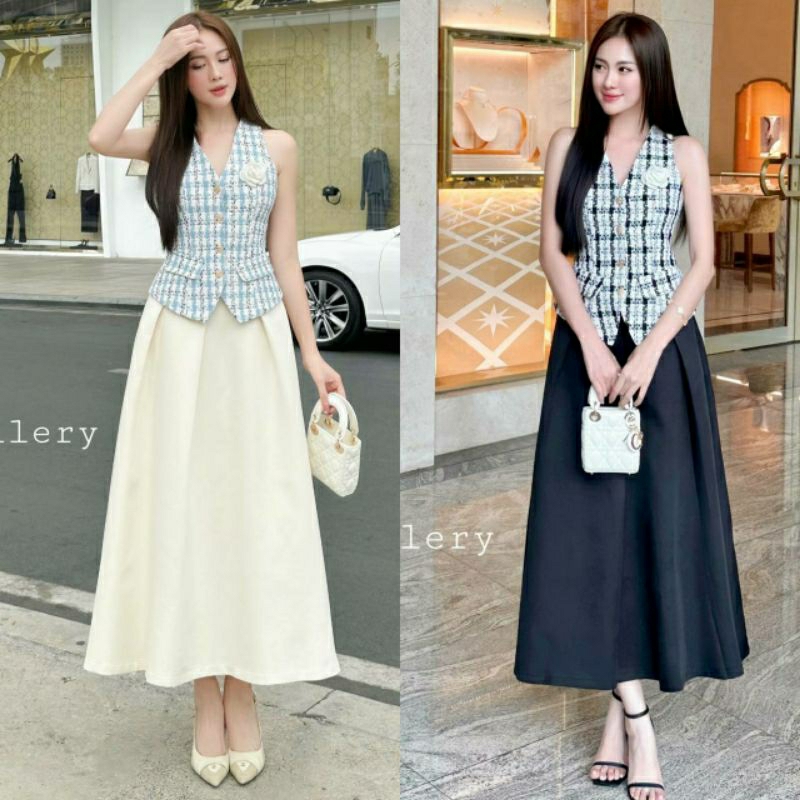 (S-XL)The Gallery พร้อมส่ง เซ็ต3ชิ้นเสื้อคอวีแขนกุดลายสก๊อต+กระโปรงทรงบาน+เข็มขัดดอกไม้เข้าชุดกันผ้าเกรดดีทรงสวยเข้ารูป