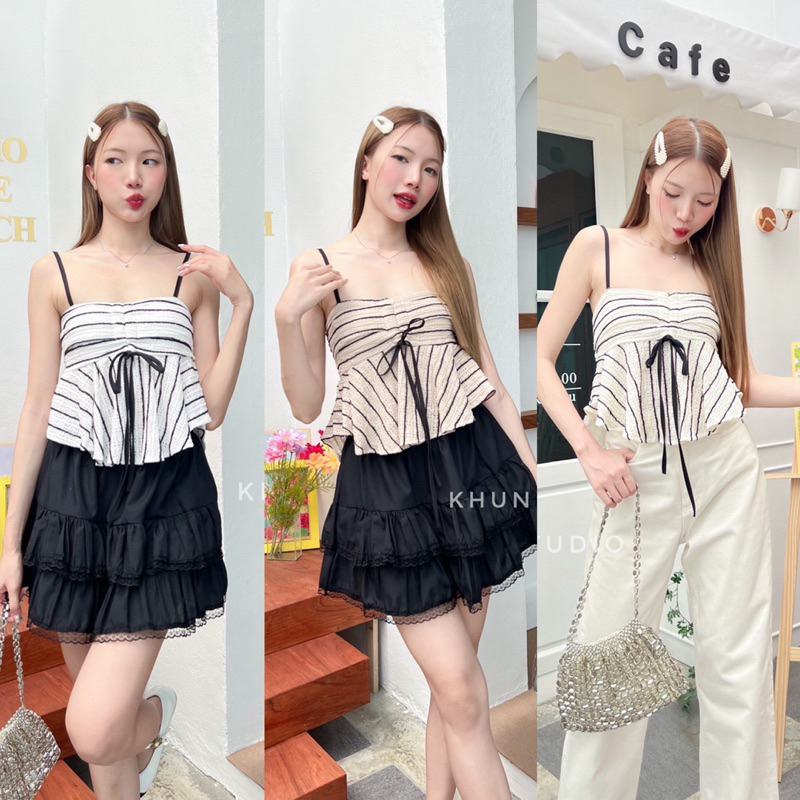 🔆Sunny🔆สายเดี่ยวถักรูดหน้า💓สายเดี่ยวโครเชต์ไปทะเล ปรับสายได้ 3 Color