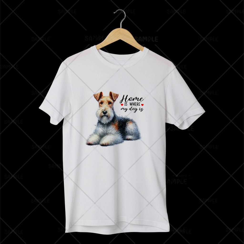 เสื้อลายหมา เสื้อยืดสไตล์ญี่ปุ่น เสื้อยืดพิมพ์ลายหมา คอกลม Home is where my dog is TDGAJ99 Wire Fox 