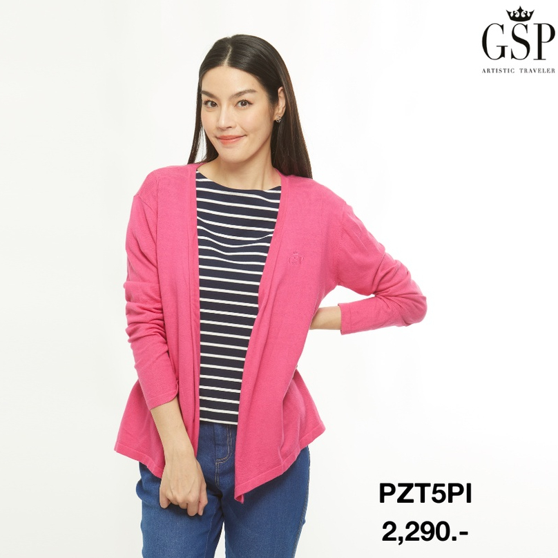 GSP จีเอสพี เสื้อคาดิแกนกันยูวี ผ้านิต แขนยาว สีชมพู ปักโลโก้GSP (PZT5PI)