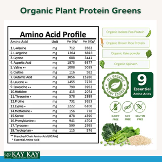 KAY KAY Organic Plant Protein Greens โปรตีนจากพืชออร์แกนิค สูตรกรีนส์ ผสมผักเคล ผักโขม วีแกน