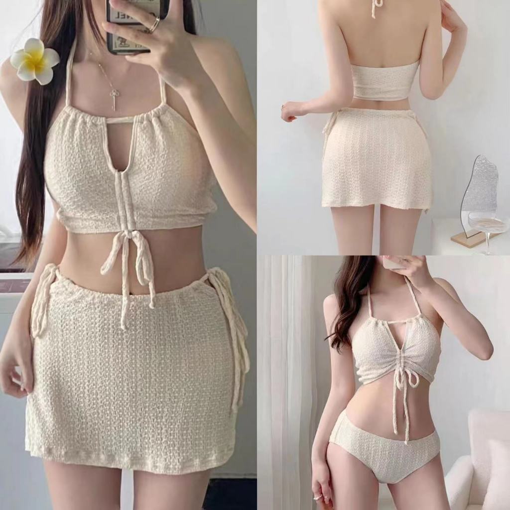 White Bikini ชุดว่ายน้ำ3ชิ้น รุ่นใหม่ วันพีช น่ารัก ชุดไปทะเล #0110