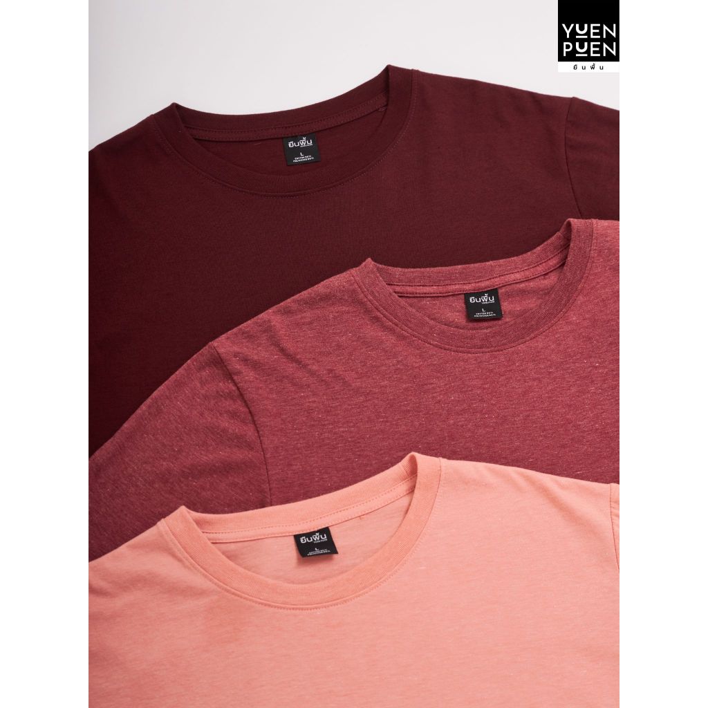 YuenPuen ยืนพื้น ซื้อเป็นเซตถูกกว่า โทนแดง เสื้อยืดคอกลม แขนสั้น สีพีช แดงอ่อน เลือดหมู 1 เซต 3 ตัว