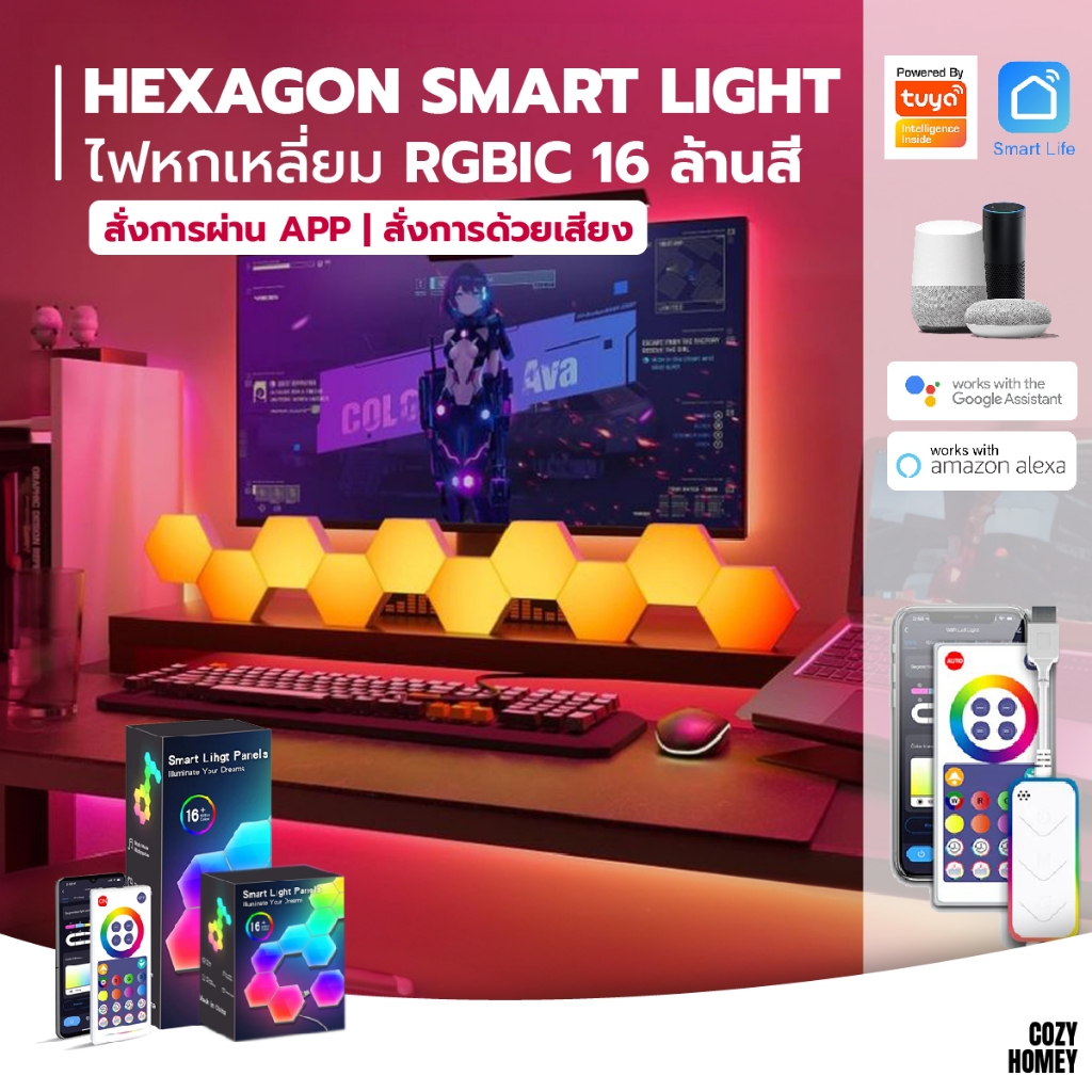 ไฟแต่งห้องเกมเมอร์ RGB Smart Light ไฟหกเหลี่ยมรังผึ้ง Tuya เปลี่ยนสีตามเพลง Cozy-Homey