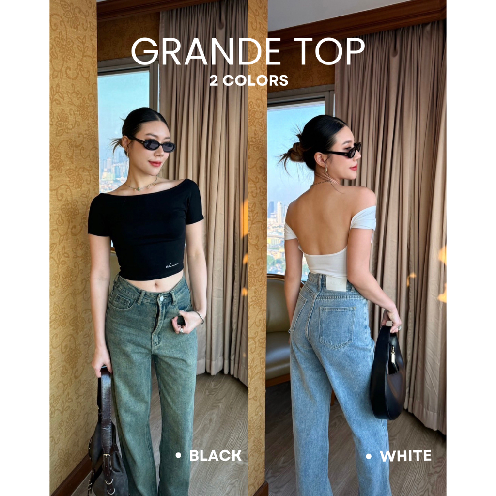 THESUNCO - Grande Top (แกรน-เด)(ลด30%เก็บโค้ดห้นาแอป)เสื้อครอปเว้าหลัง ปาดไหล่