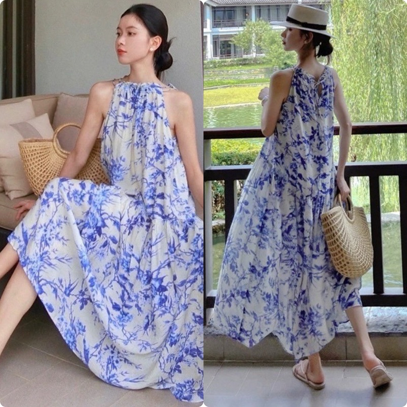 sirin studio เดรสยาวลายนกนางแอ่นและกิ่งไม้A17