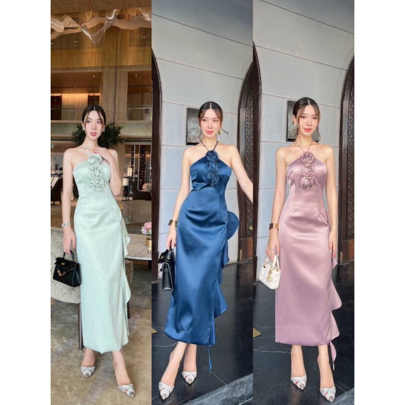 Linda เดรสผ้าชาตินอัดกาว ผ่าข้างแต่งระบายยาว – โปรปัง