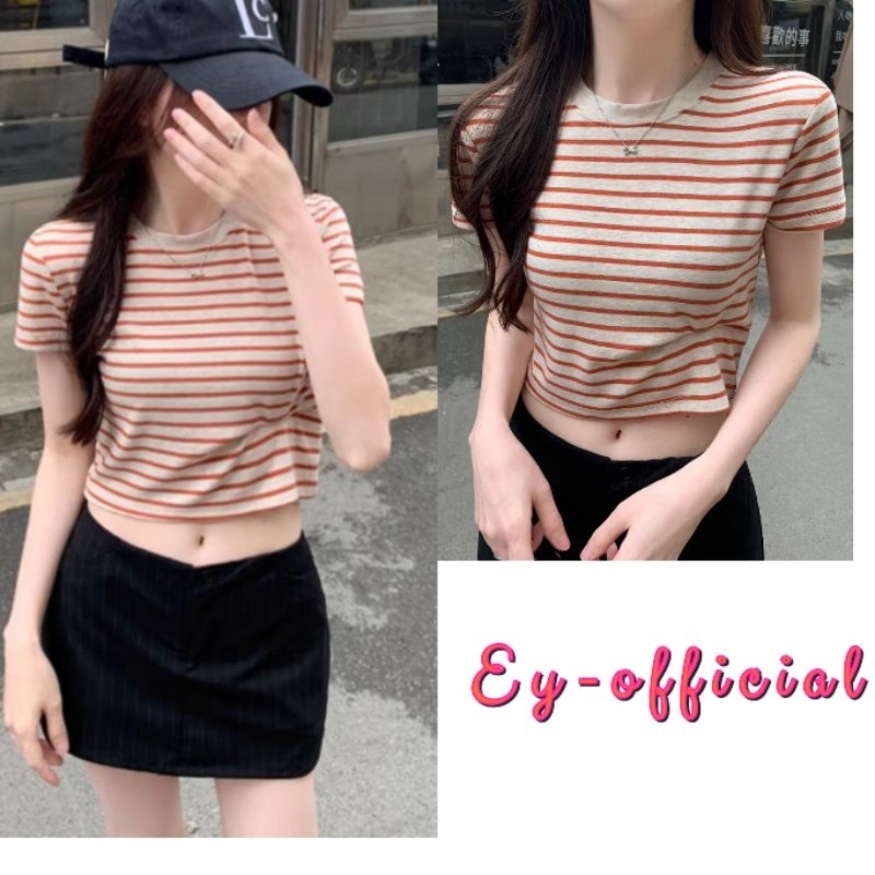 Ey-official #5518#เสื้อครบแฟชั่น คอ กลม ลายทาง,เนื้อผ้านิ่มสไตล์เกาหลี