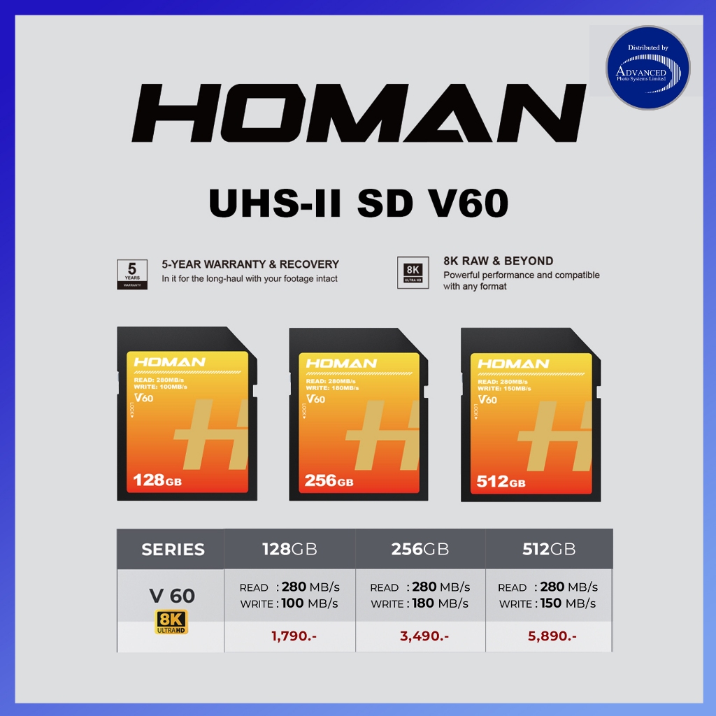 Homan UHS-II SD Card (V60) รองรับไฟล์ Full HD 8K RAW (รับประกัน 5 ปี)