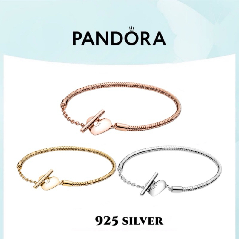 [ส่งจากกรุงเทพ]Pandora แท้ เงิน925 14K สร้อยข้อมือ กำไล Heart T-Button Snake Bone Chain Bracelet 100%