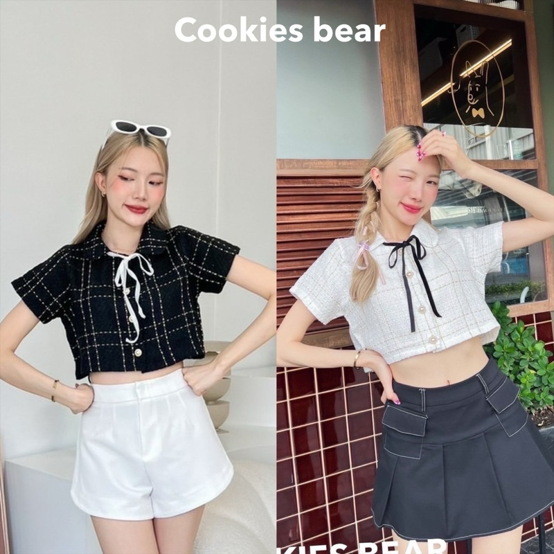Promotion เสื้อครอปแขนสั้น ผ้าทวิต แถมริ้บบิ้นโบว์ - Cookies Bear
