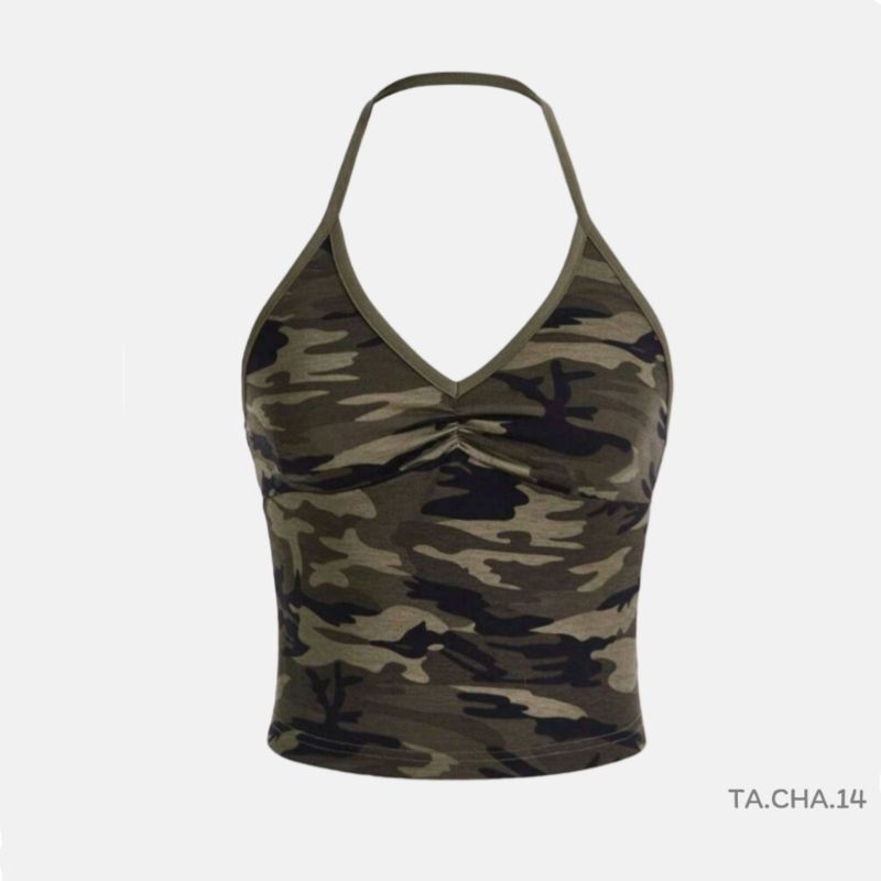 พร้อม​ส่ง​ เสื้อ​คล้อง​คอ​ลาย​พราง​ แต่งจับจีบ​ โชว์​หลัง​ Y2K