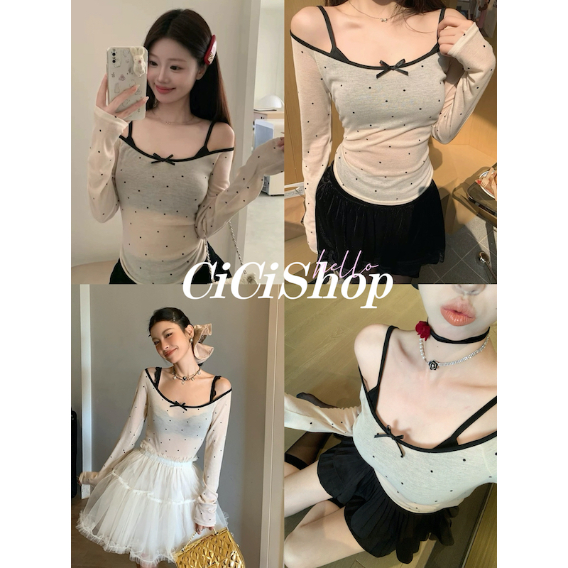 Cicishop🍓พร้อมส่ง🍍(J0973)SET2ชิ้น สายเดี่ยวไหมพรมพร้อม เสื้อคลุม detailลายจุดผ้าบางบาง สามารถใส่ปาดไหล่ได้ เหมาะสำหรับช