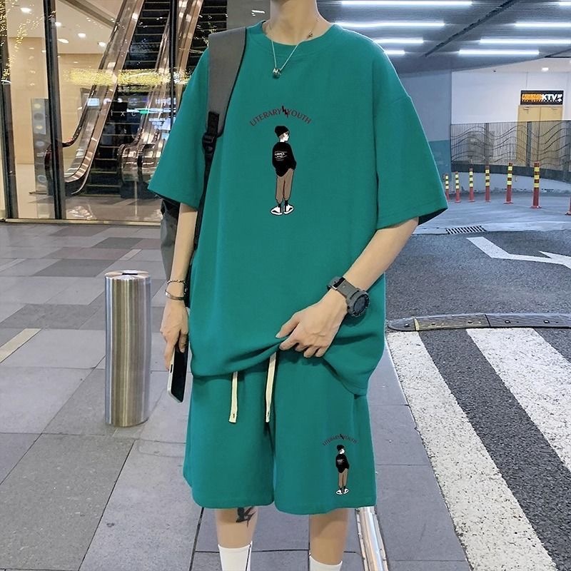 ชุดเซ็ทผู้ชาย เสื้อยืดคอกลมแขนสั้น+กางเกงขาสั้น ทรงหลวม ผ้าวาฟเฟิล สไตส์เกาหลี #20658