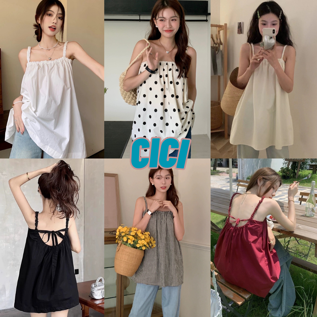 ส่งทันที Cici(NO. 3217)เสื้อสายเดี่ยวผูกหลัง ผ้าชีฟอง สม็อกรอบอก ใส่สบายต้อนรับSummer น่ารักสไตล์มินิมอล