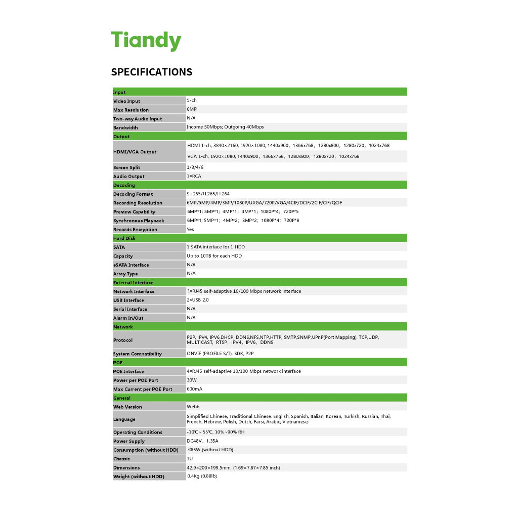 Tiandy เครื่องบันทึกกล้องวงจรปิด NVR รุ่น TC-R3105 ( 5 ช่อง ) รองรับ POE 4 ช่อง รับประกัน 3 ปี