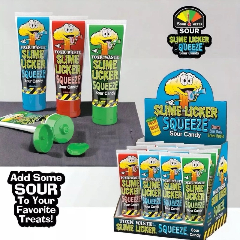 นำเข้า🇺🇸 ยกแพค 12 หลอด Couger'| Toxic Waste Slyme Licker Sour Squeeze Candy (Green Apple, Blue Razz,