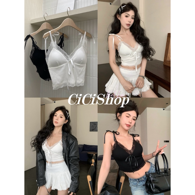 Cicishop(2071)เสื้อครอปสายเดี่ยว มีฟองน้ำ ดีเทลแต่งลูกไม้ เปรี้ยวแซ่บ