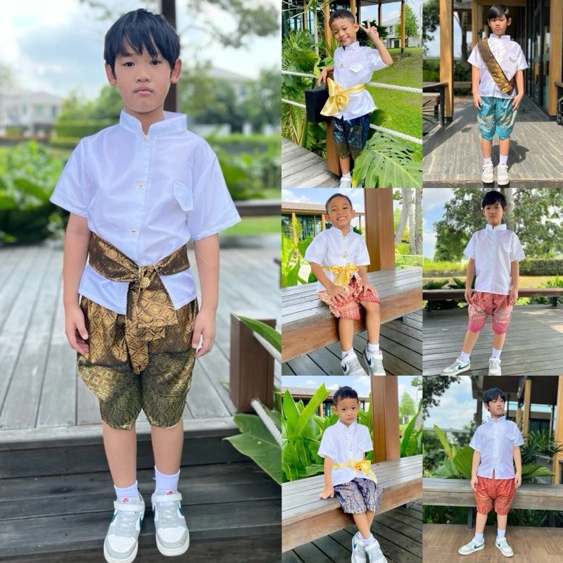 ชุดไทยเด็กผู้ชาย คอจีนผ้าไหมลำพูน เสื้อ+โจงกระเบนและผ้าคาดเอว FV107