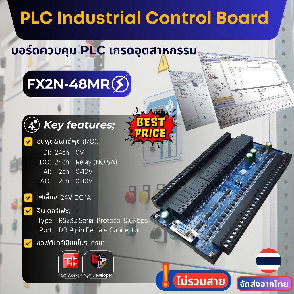 บอร์ด PLC รุ่น FX2N-48MR บอร์ดควบคุม PLC เกรดอุตสาหกรรม PLC Industrial Control Board