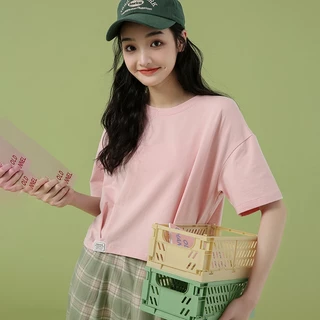 เสื้อคลอปน่ารักๆ สีพื้น oversize เสื้อผ้าสาวอวบมินิมอลสไตล์เกาหลี เสื้อยืดสวยๆผู้หญิงกําลังฮิต คนอ้วนไซส์ใหญ่ M-2XL