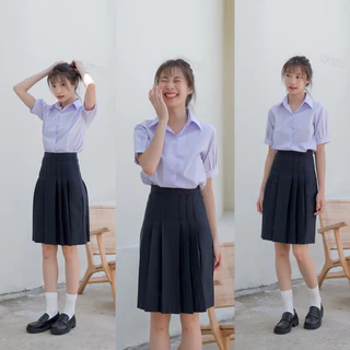 กระโปรงนักเรียนทรงแคบ สีกรมเข้ม-สีดำ ตีเกล็ด 5.5 นิ้วผ้ามัน ดีวาย กระเป๋าลับ ซิปซ่อน ตะขอปรับ 3 ระดับ ความยาว 22“-26”