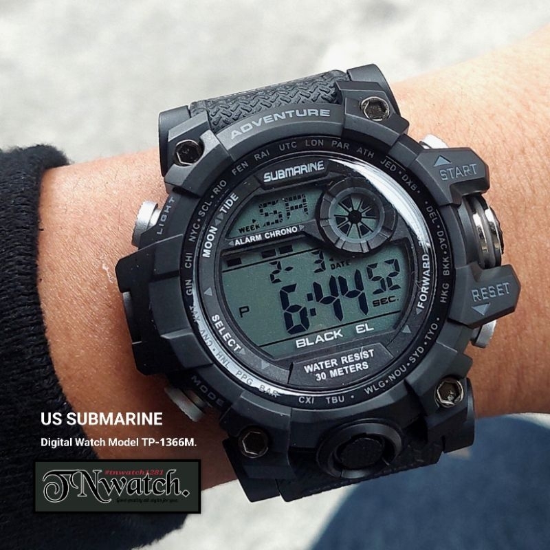 นาฬิกาข้อมือชาย US SUBMARINE รุ่น TP-1366M นาฬิกาดิจิตอล มีวันที่ กันน้ำ สายสีดำ สีเขียว ขอบมีหลายสี