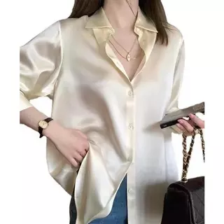 【เสื้อผ้าผู้หญิง】เสื้อเชิ้ตระดับไฮเอนด์หรูหราเบาๆ ผ้าไหมเครปซาตินธรรมดาสำหรับผู้หญิงเสื้อพร็อพแขนยาวทรงหลวม NO.M004