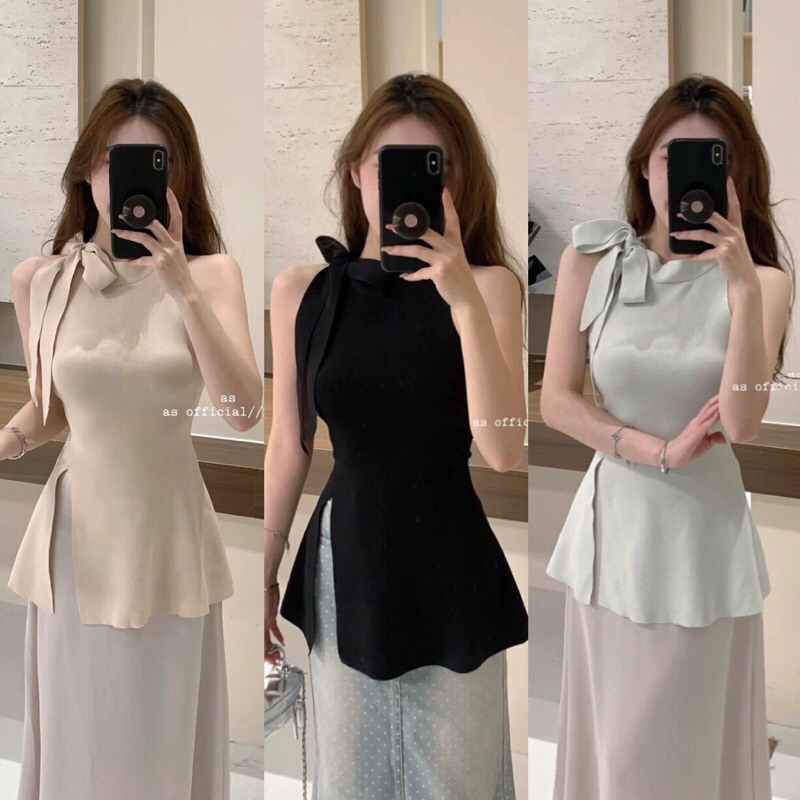 Lady_Sakura 6640/BB#เสื้อกล้ามแขนกุดทรงยาว แต่งโบว์ช่วงไหล่#เนื้อผ้าไหมพรม ดีเทลแหวกข้าง
