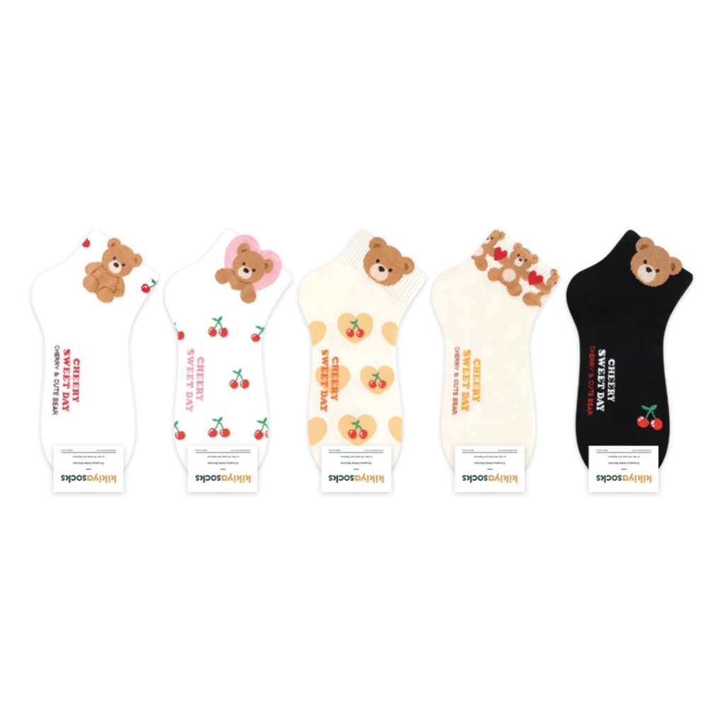 Chacha socks - ถุงเท้าข้อสั้น Cherry Bear Middle Socks แบรนด์ kikiya ถุงเท้าเกาหลี