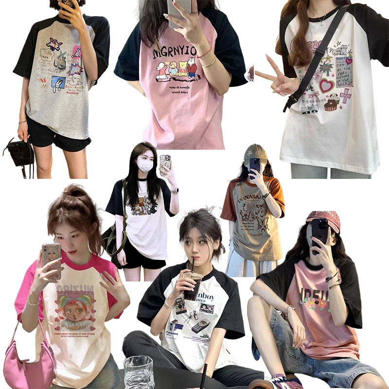 เสื้อยืดสวยๆผู้หญิงที่กําลังฮิต oversize เสื้อผ้าสไตล์ญี่ปุ่นน่ารัก แฟชั่นเกาหลี เสื้อโอเวอร์ไซส์วินเทจ สตรีทสีทูโทนม้าก