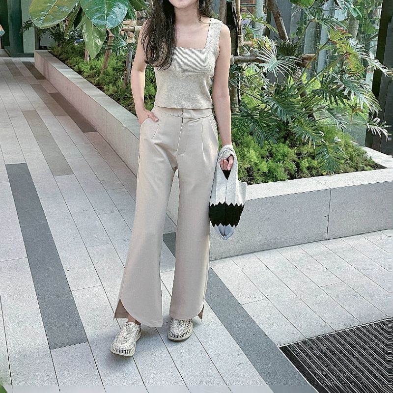 Champagne pants กางเกงขายาวเอวสูง ขากว้าง กางเกงทำงาน ใส่เที่ยว ไปคาเฟ่ สูง 150 cm.