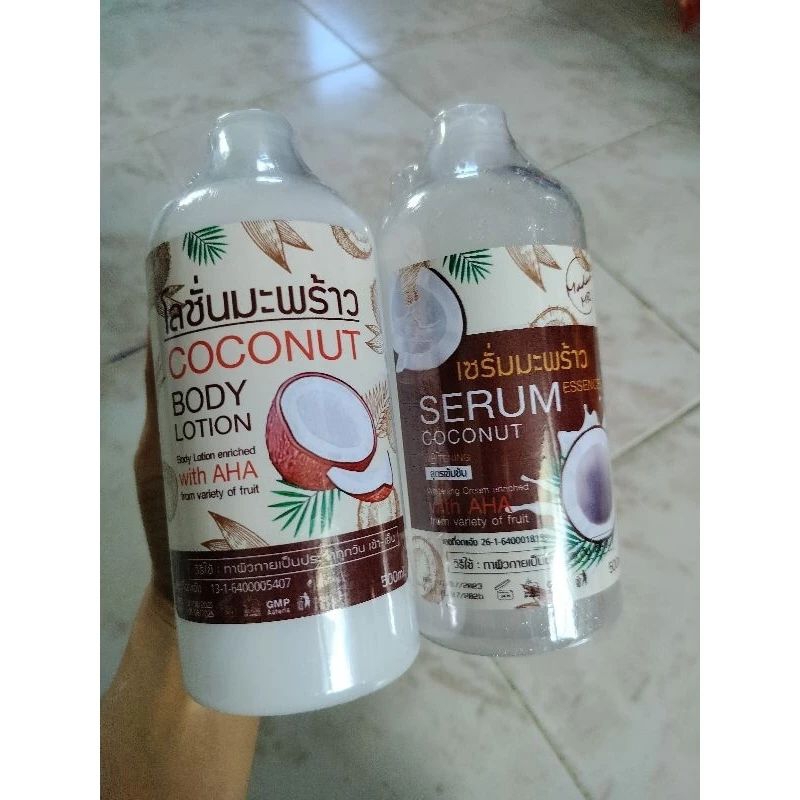 โลชั่น+เซรั่มมะพร้าว โลชั่นมะพร้าวCoconut Body Lotion Whit AHA เซรั่มมะพร้าว Serum CoconutEssence ขนาด500ml