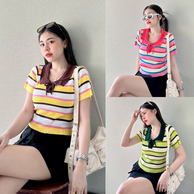 SpinnyHouse เสื้อครอปคอปก ผ้าไหมพรมยืดเยอะ เบสิคสุดใส่ได้ทุกวัน ผ้าททลายสลับสี ยืดตามตัว ใส่ได้ทุกงาน รุ่น แก้วแหวน
